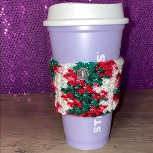 Festive Cozy Crochet Cup Sleeve with Clear Sparkle Button